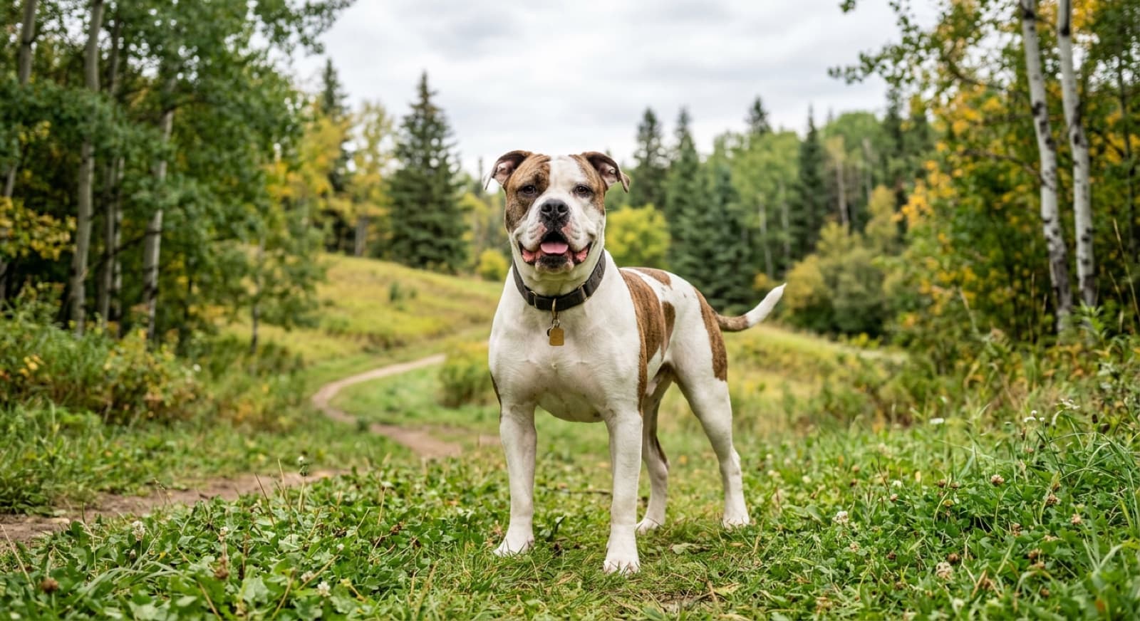 An adult American Bulldog with classic white-and-brown markings standing alert on green parkland in an Edmonton outdoor setting, muscular working-dog build visible