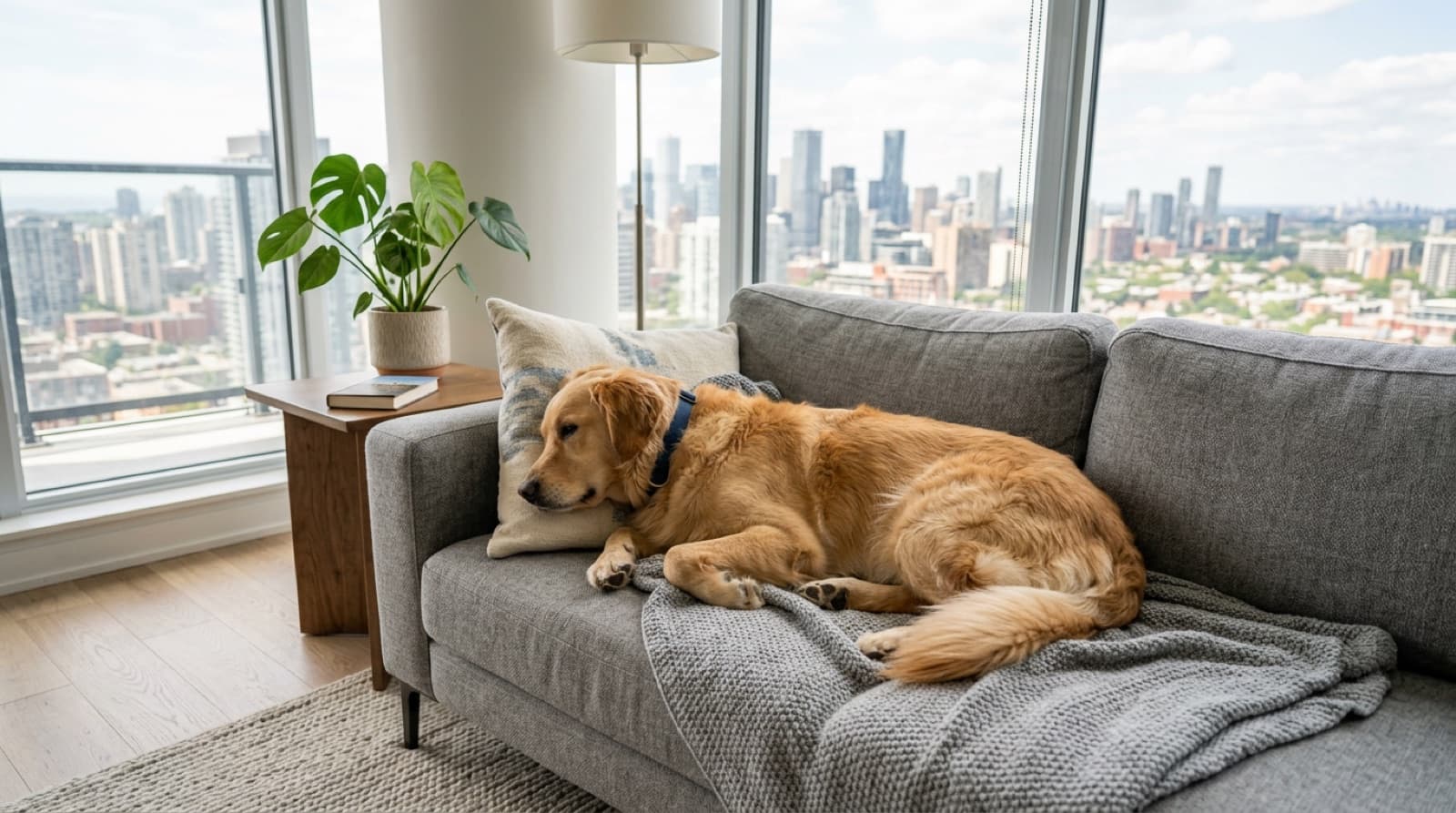A calm dog resting on a couch in a bright Toronto condo