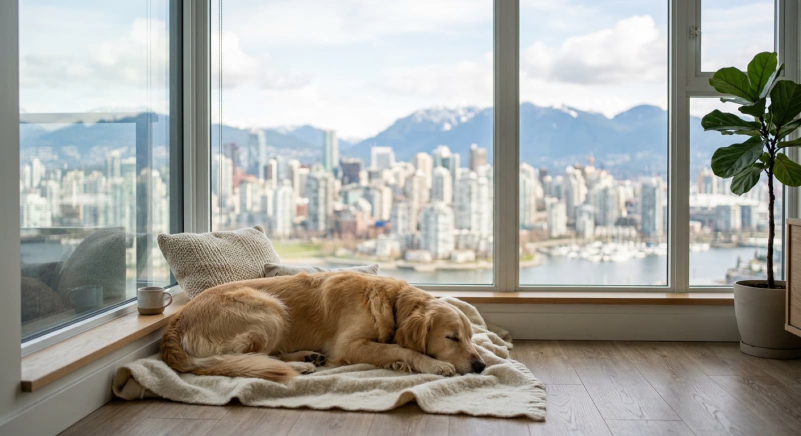 A calm dog resting by the window of a Vancouver high-rise condo