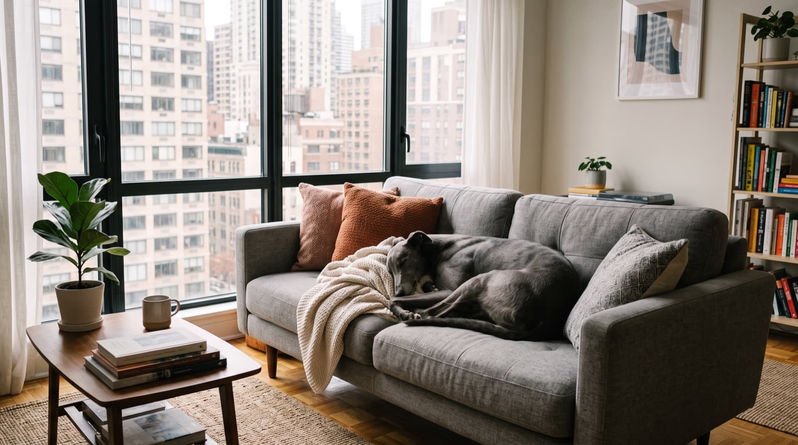 A large calm greyhound asleep on a sofa in a small modern apartment living room