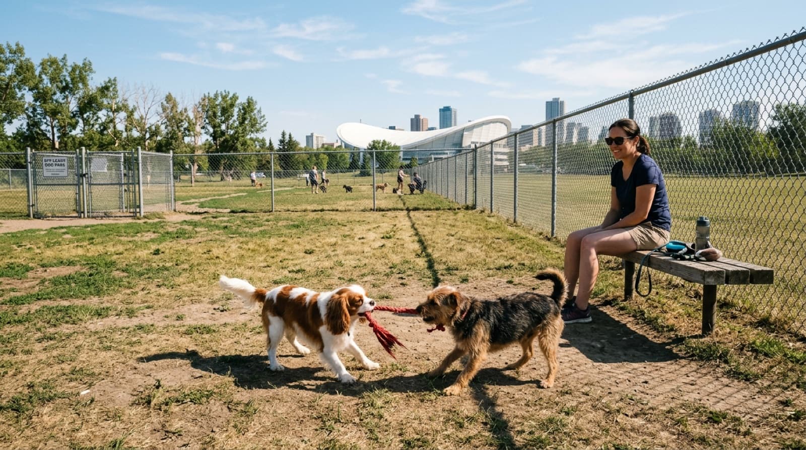 Fenced off-leash dog park enclosure at Argyll Park in south-central Edmonton, two small-to-medium dogs playing tug, double-gate chain-link entry, velodrome facility visible behind