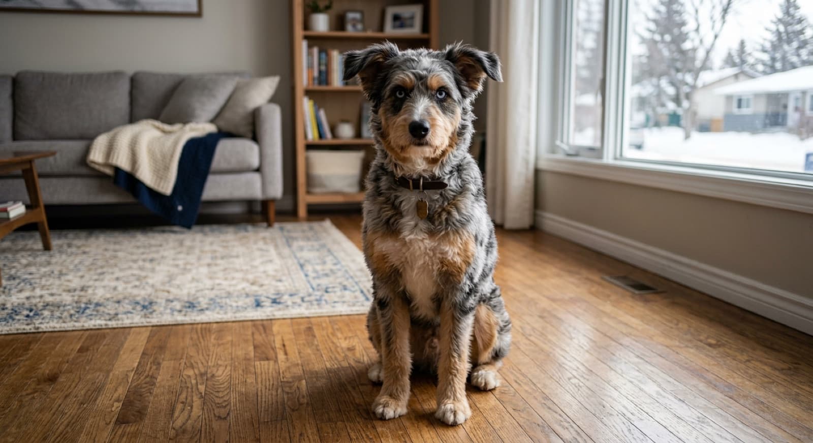 An adult Aussiedoodle with classic blue merle coat and intelligent expression sitting alert on a hardwood floor in an Edmonton home interior
