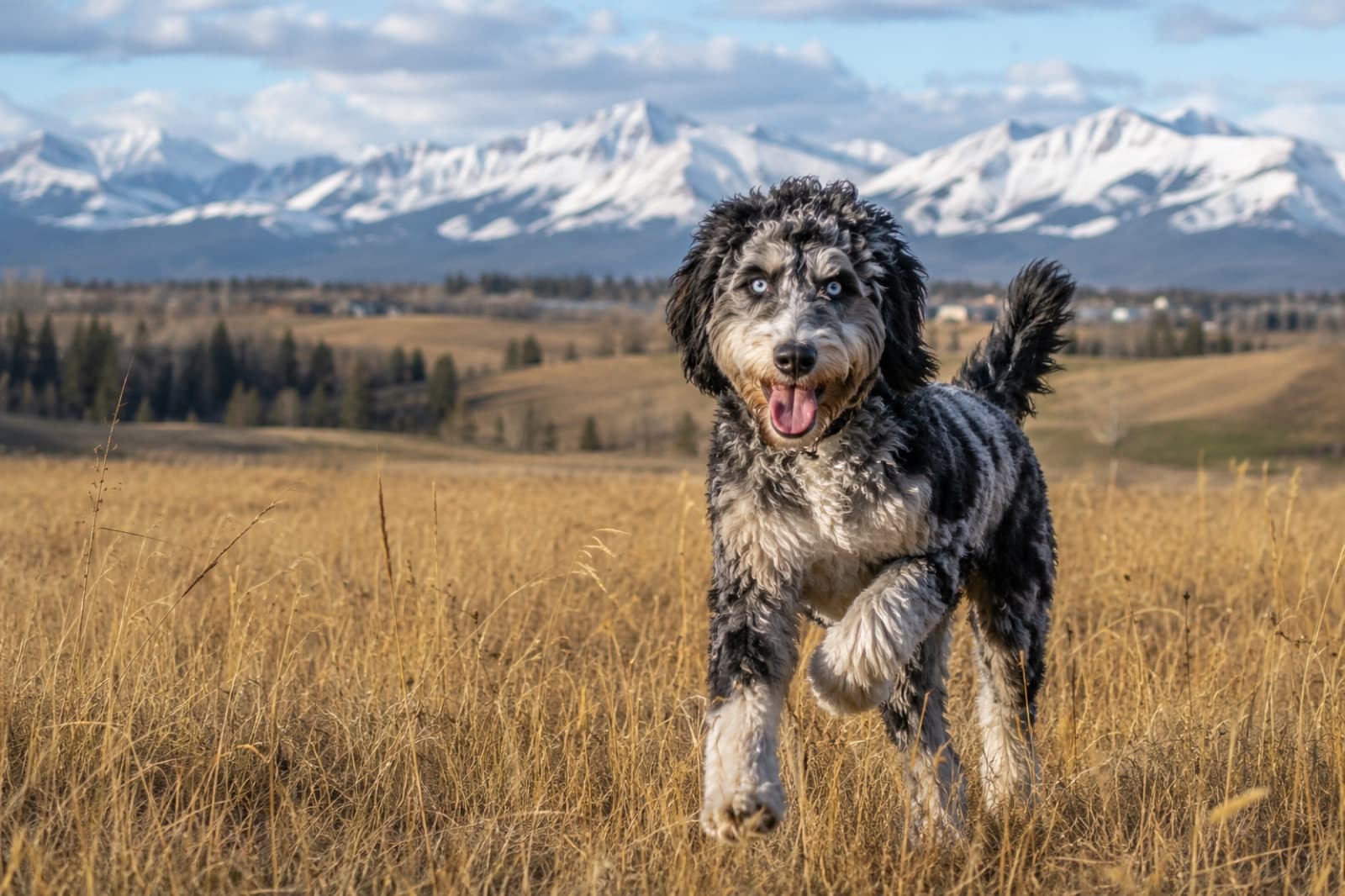 A blue merle Standard Aussiedoodle with a wavy black, grey, and white coat running through prairie grass at a Calgary off-leash park, Rocky Mountains in the distance