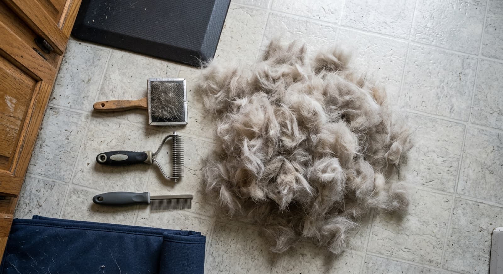 Calgary Aussie owner using an undercoat rake to brush out a red merle Australian Shepherd's britches during spring coat blow, with a visible pile of loose undercoat fur on the floor.