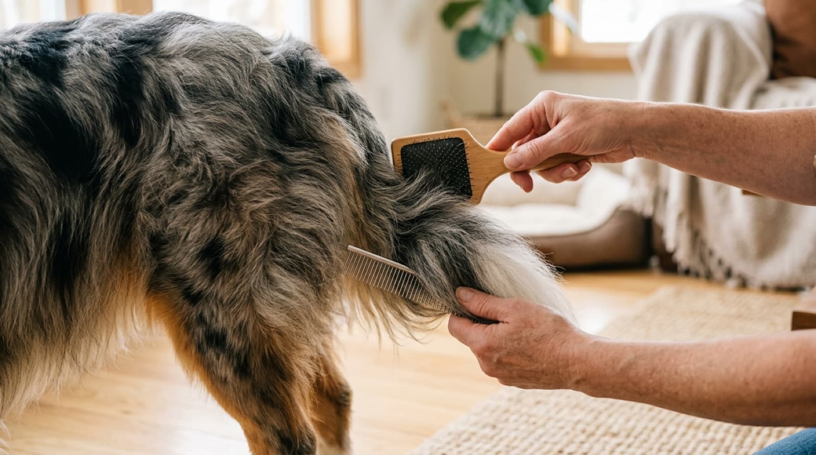 Close-up of an Australian Shepherd's leg and britches feathering being brushed