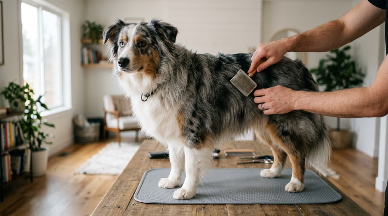 An Australian Shepherd being brushed on a grooming table in a bright home
