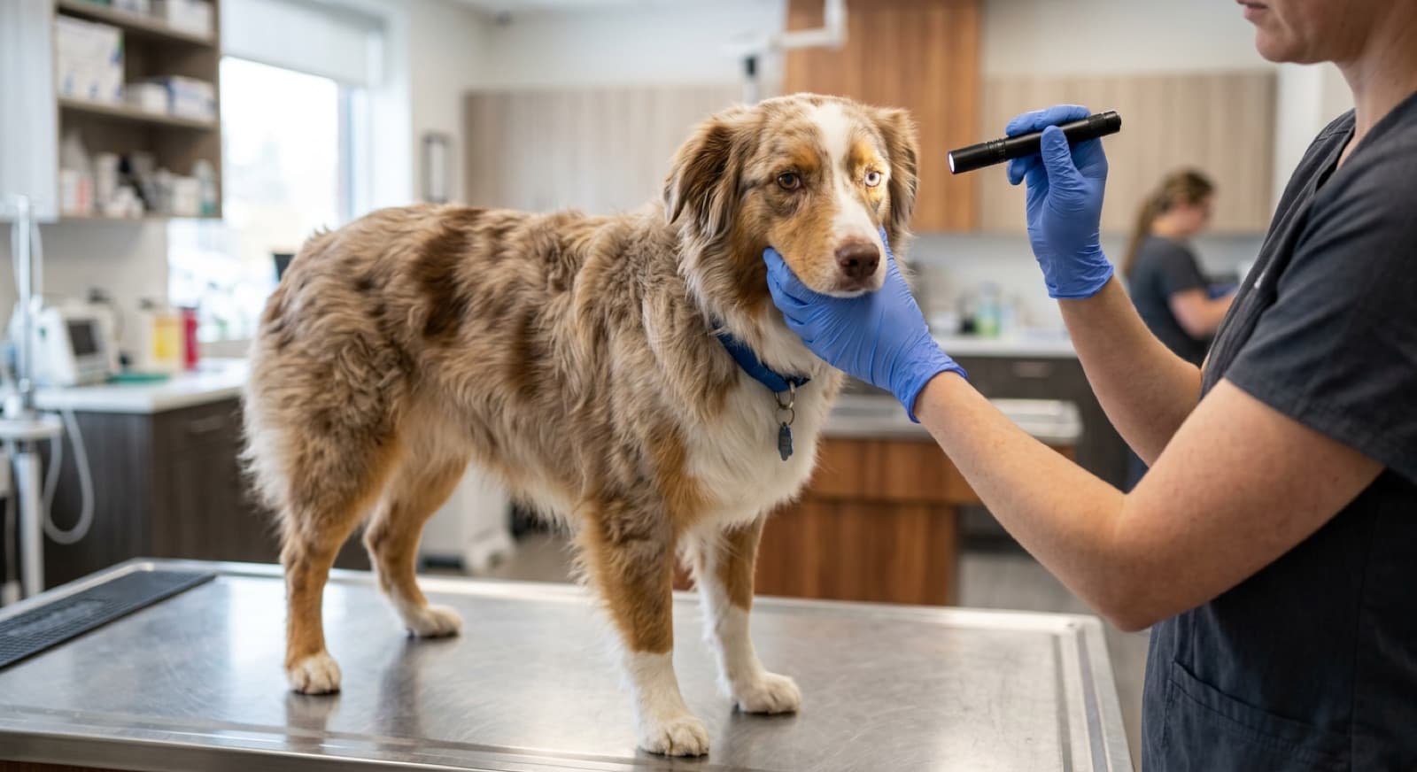 Blue merle Australian Shepherd in a Calgary veterinary clinic for an MDR1 DNA cheek swab and routine wellness exam