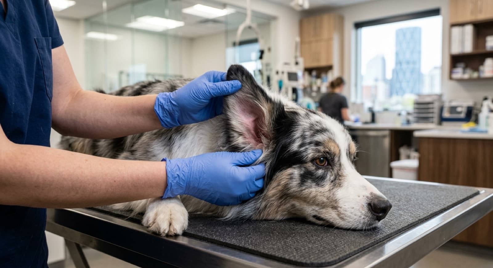 Calgary veterinarian examining an Australian Shepherd's eyes during an ophthalmology screening for CEA, PRA-prcd, and HSF4 hereditary cataracts