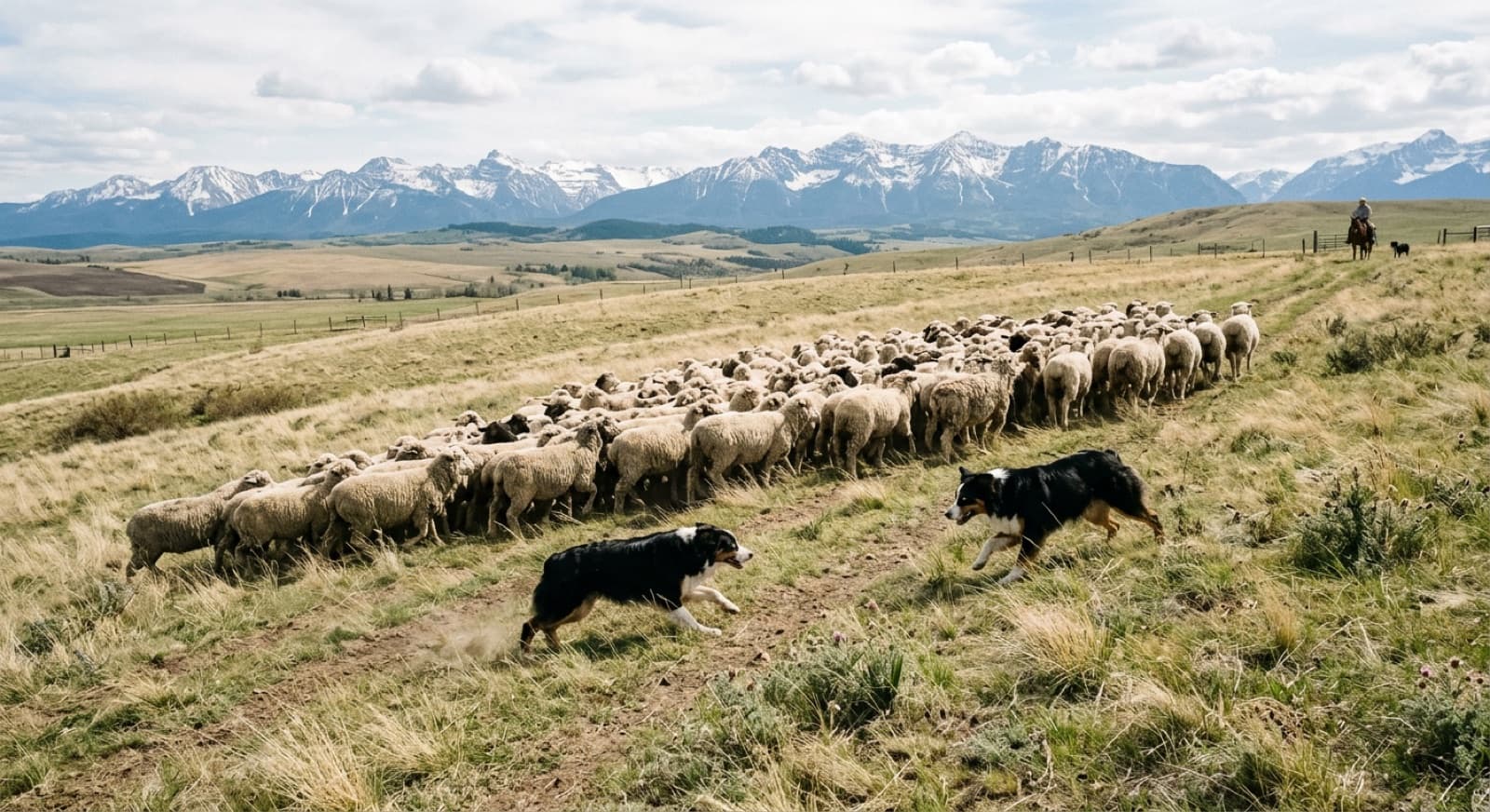 Black tri Australian Shepherd working sheep on a Foothills County ranch outside Calgary, low stalking posture and intense focused stare demonstrating the breed-correct herding outlet