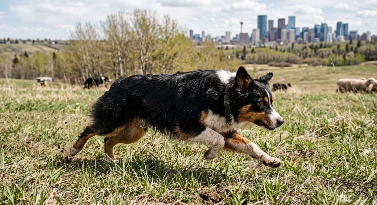 Adult blue merle Australian Shepherd alert and watching for movement on a Calgary suburban front lawn, ears pricked and body low, illustrating herding-drive activation in adolescent Aussies