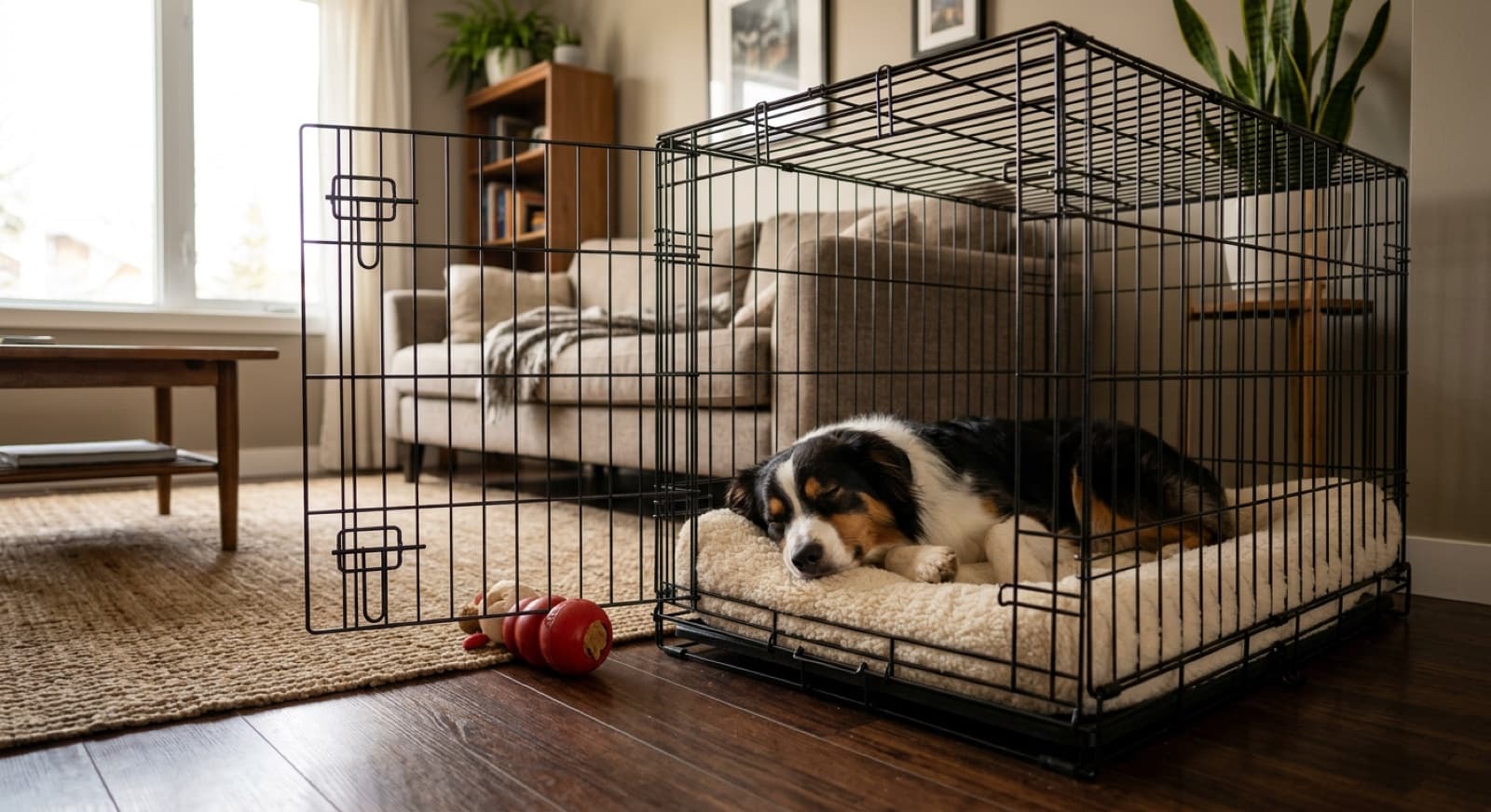 Australian Shepherd settled inside an open wire crate with a frozen Kong, set up as a calm safe space during alone-time training in a Calgary home