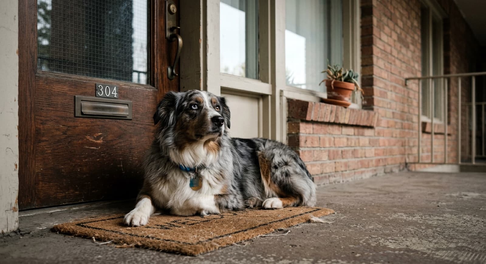 Australian Shepherd resting calmly at the front door of a Calgary home, watching its owner's departure routine