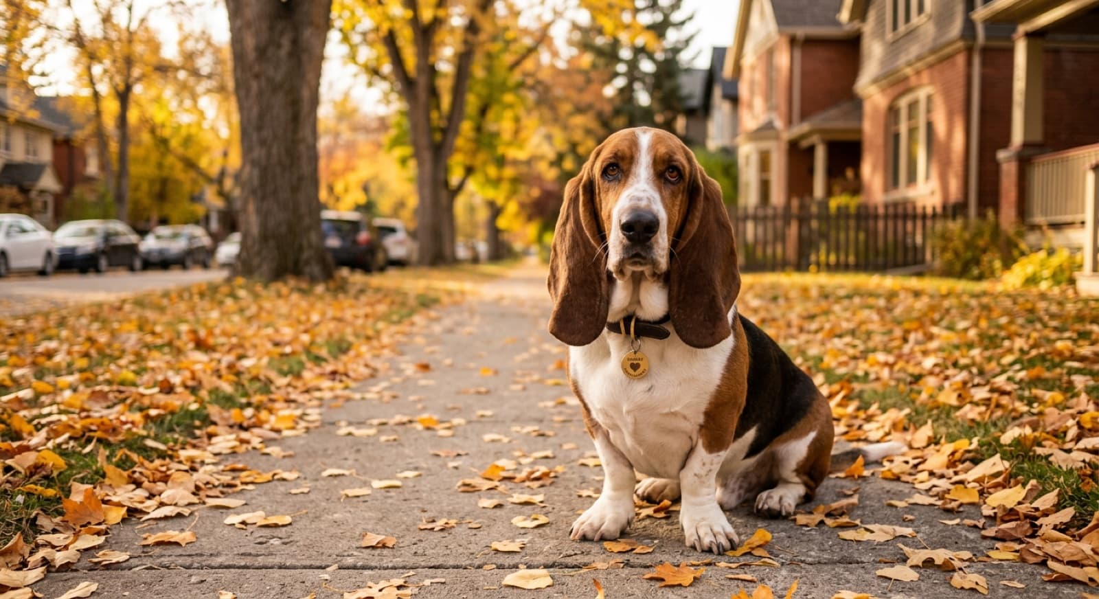 Adult Basset Hound sitting on a Calgary autumn sidewalk, gentle expression, residential houses in the background