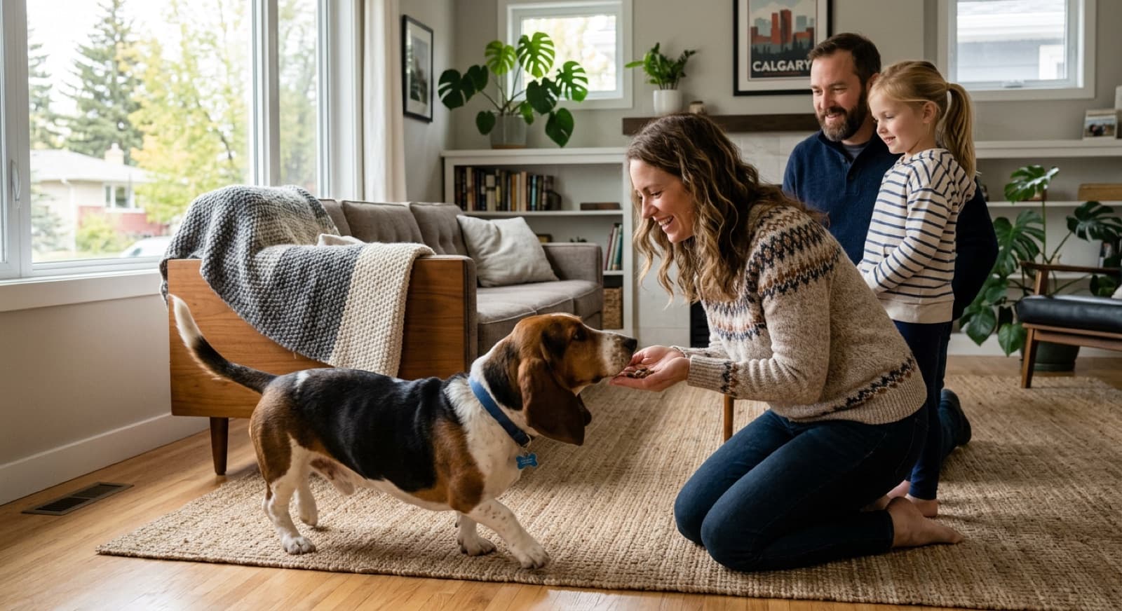 Adoptable Basset Hound meeting a Calgary family in a modern home, woman kneeling with treats while family watches from the couch