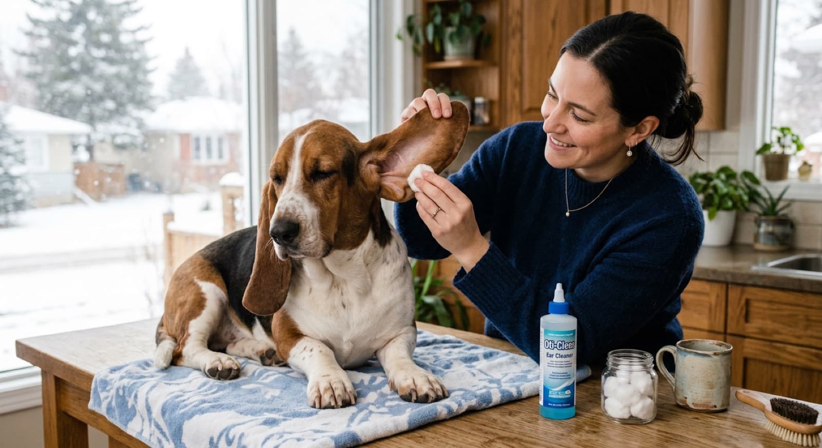 Owner gently cleaning a Basset Hound's long ear with a cotton ball, ear-cleaning solution bottle on the counter in a Calgary home