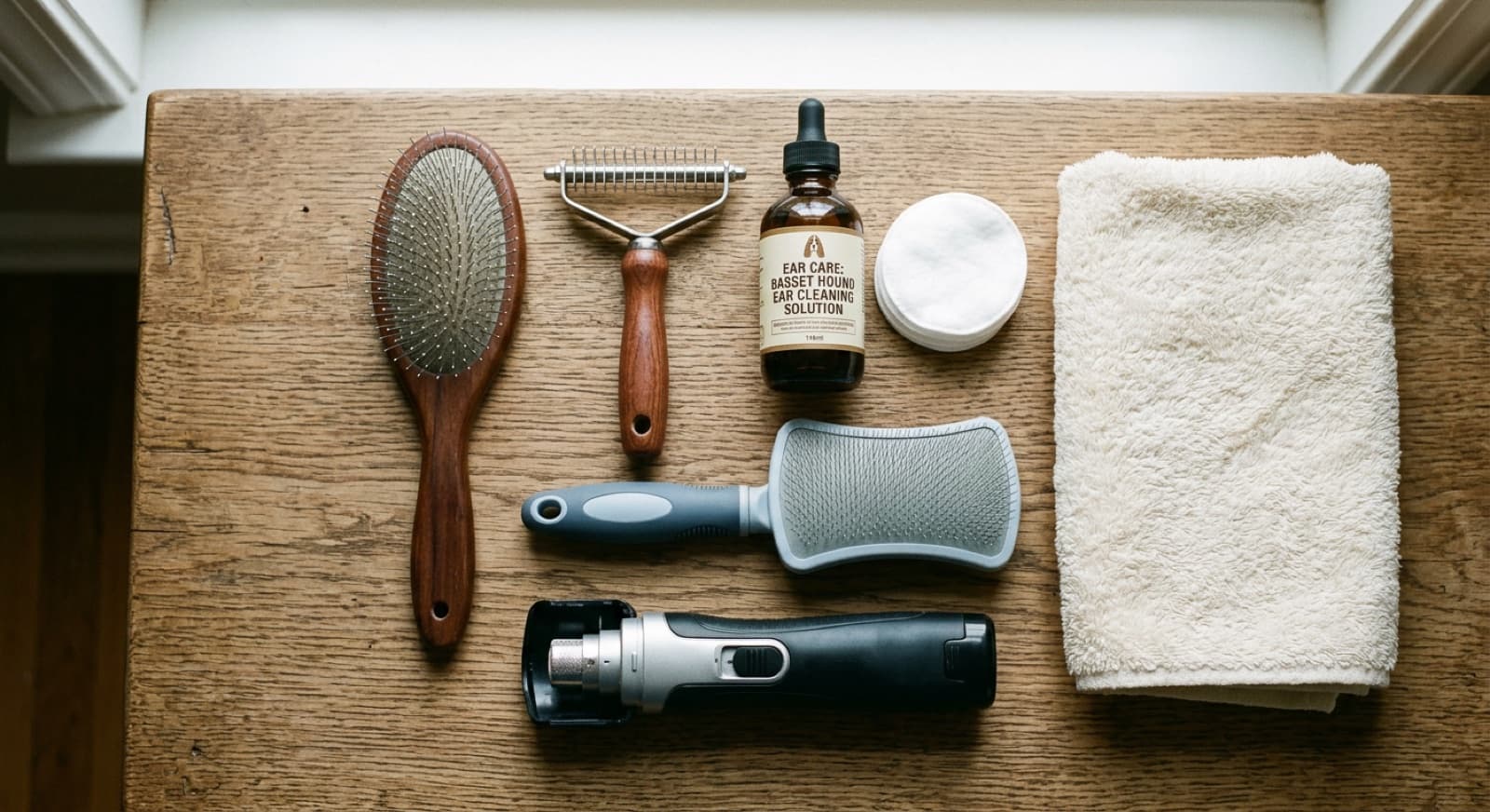 Flat-lay of Basset Hound grooming tools on a wooden surface: pin brush, slicker brush, ear-cleaning solution, cotton pads, towel, and a nail grinder