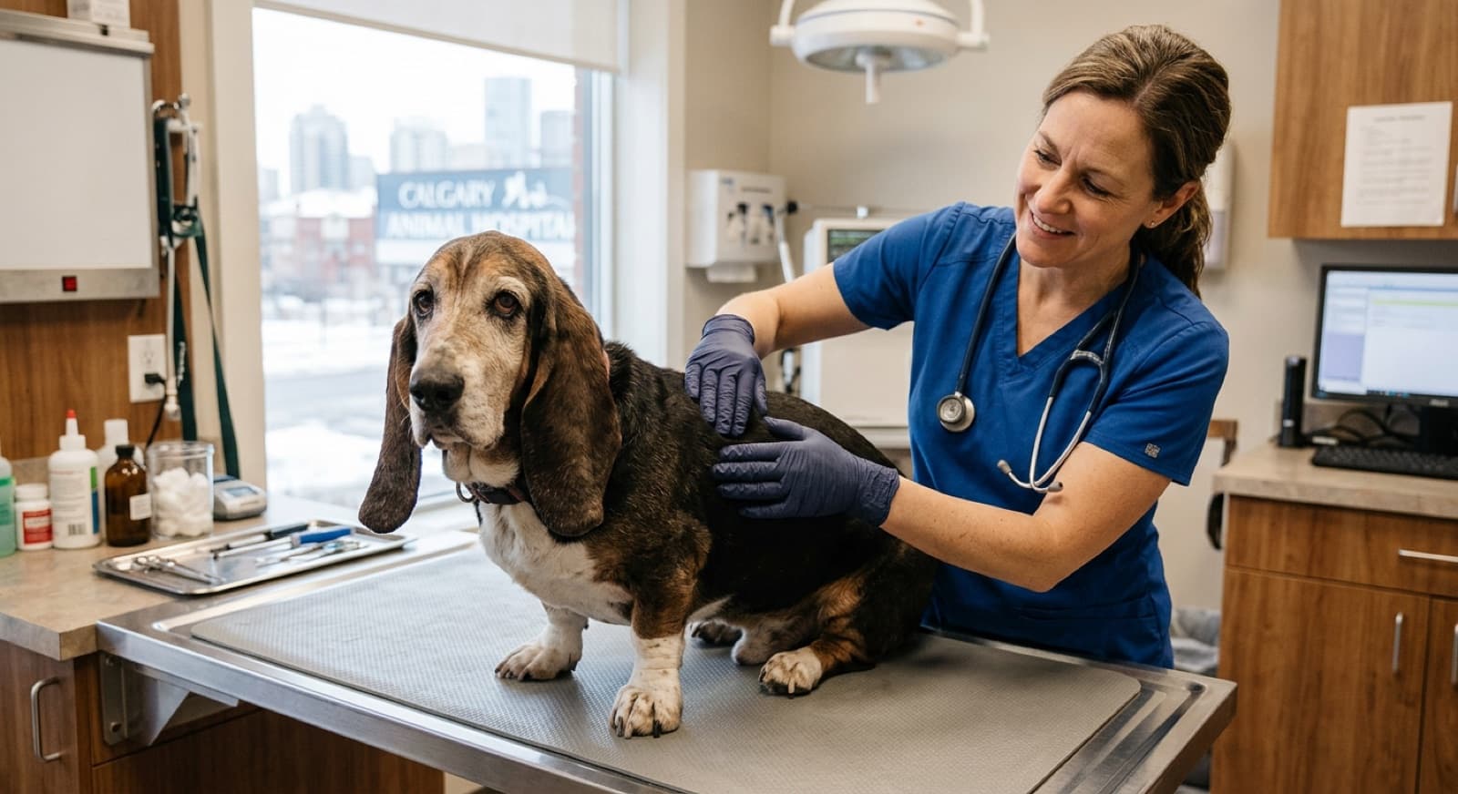 Senior Basset Hound on a Calgary veterinary exam table with a vet in blue scrubs gently palpating the spine