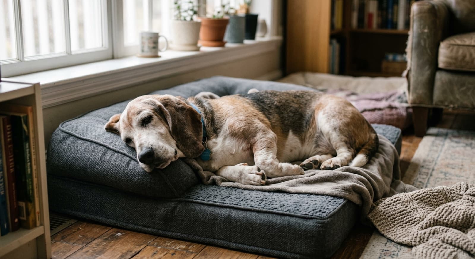 Senior Basset Hound with a greying muzzle resting peacefully on a memory-foam orthopaedic dog bed at home