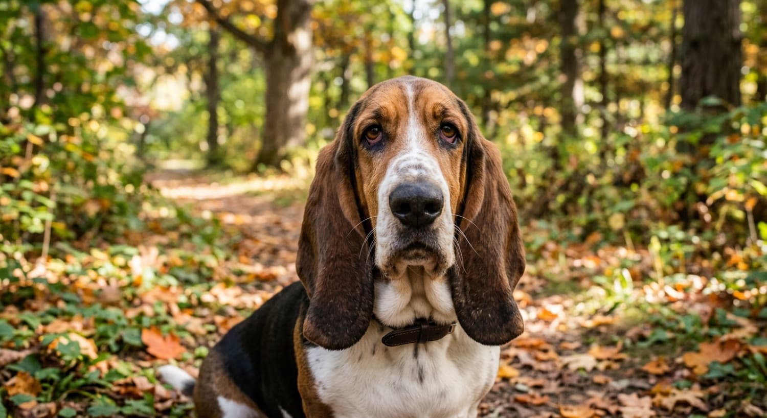 Close-up of a Basset Hound showing the long heavy ears and droopy eyes