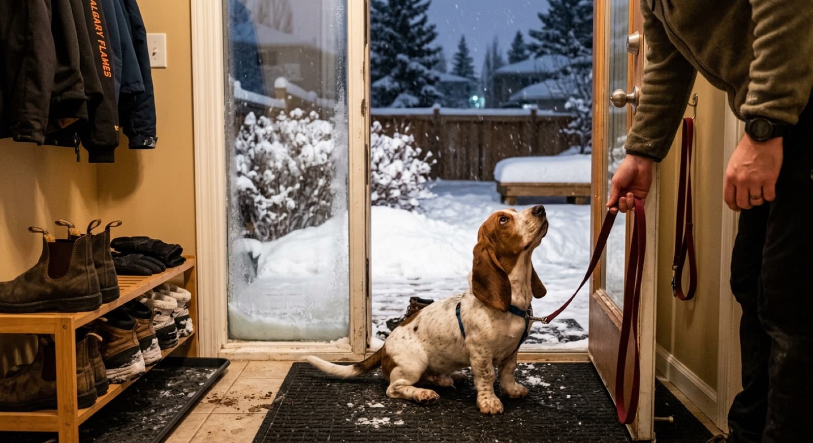 Leashed Basset Hound at the back door of a Calgary home in winter, looking out at fresh snow