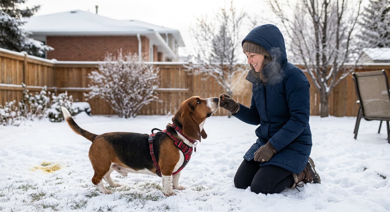 Owner kneeling in a Calgary backyard in winter coat, breath visible in the cold, giving a Basset Hound a treat after a successful potty trip