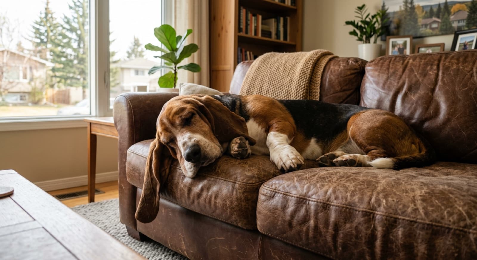 A Basset Hound with long ears and a soulful expression resting on a Calgary backyard patio, showing the breed's long body, short legs, and signature droopy face