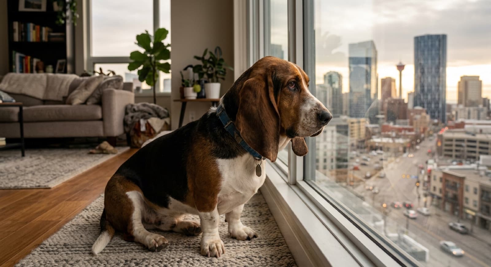 Basset Hound baying with head tilted up in a Calgary living room, expressive vocal posture