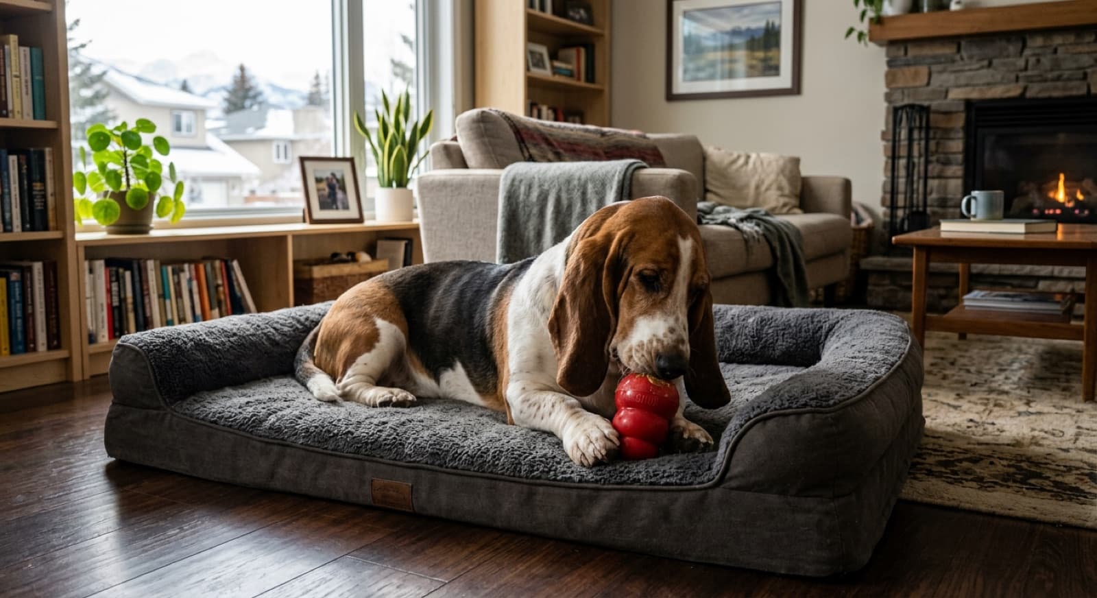 Adult Basset Hound resting calmly on a low orthopaedic bed in a Calgary living room with a chew puzzle, settled body language