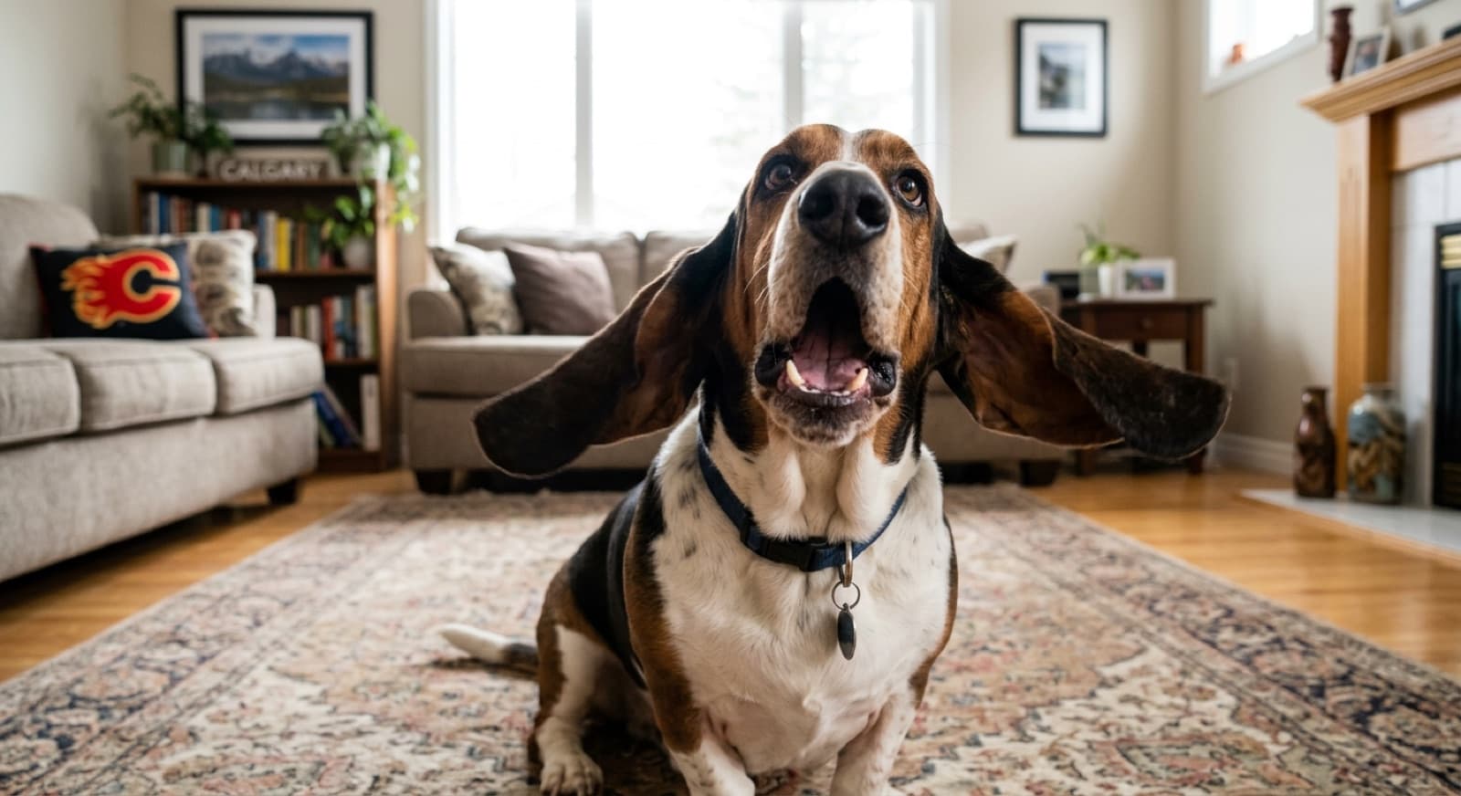 A Basset Hound resting its long ears on a hardwood Calgary living-room floor with a slight smile and droopy eyes