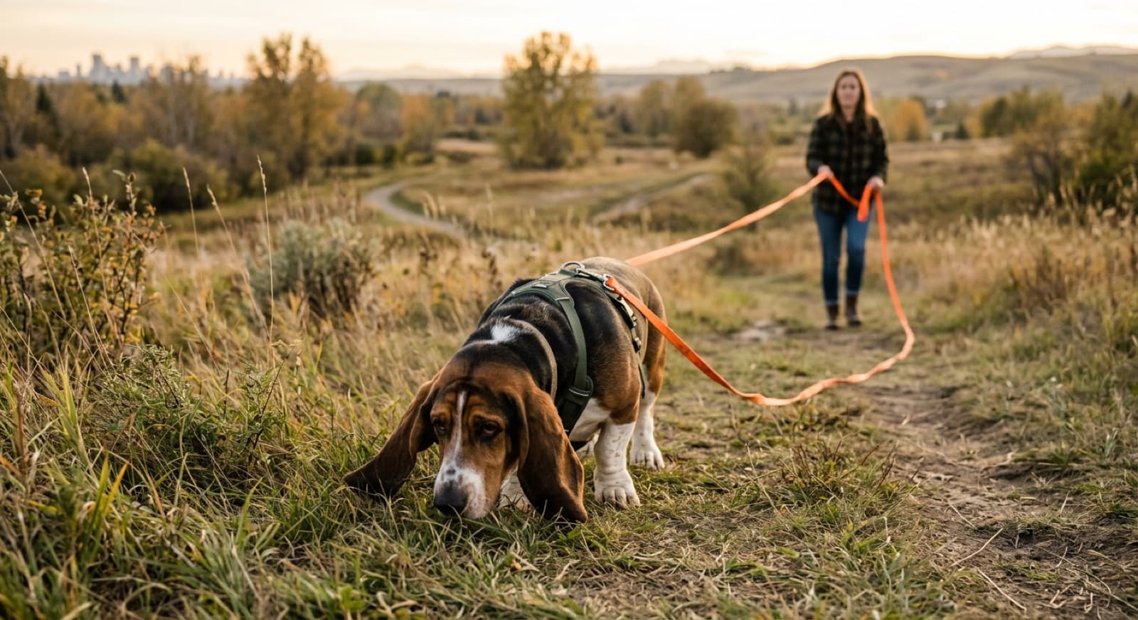 Basset Hound nose-down tracking grass on a Calgary trail with an orange biothane long-line, owner holding the line in the background and Calgary skyline distant