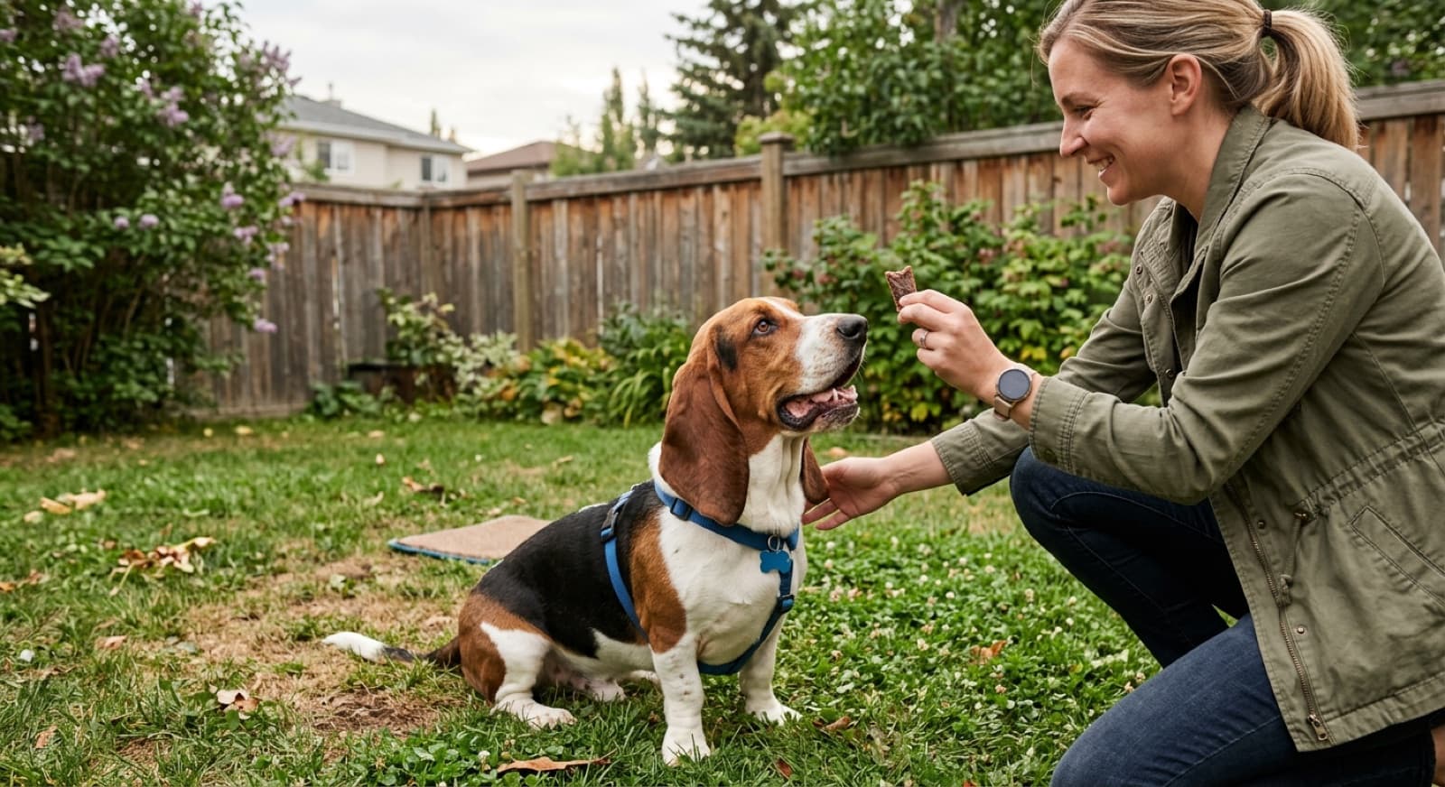 Owner kneeling in a Calgary backyard offering a treat to a Basset Hound during force-free recall training