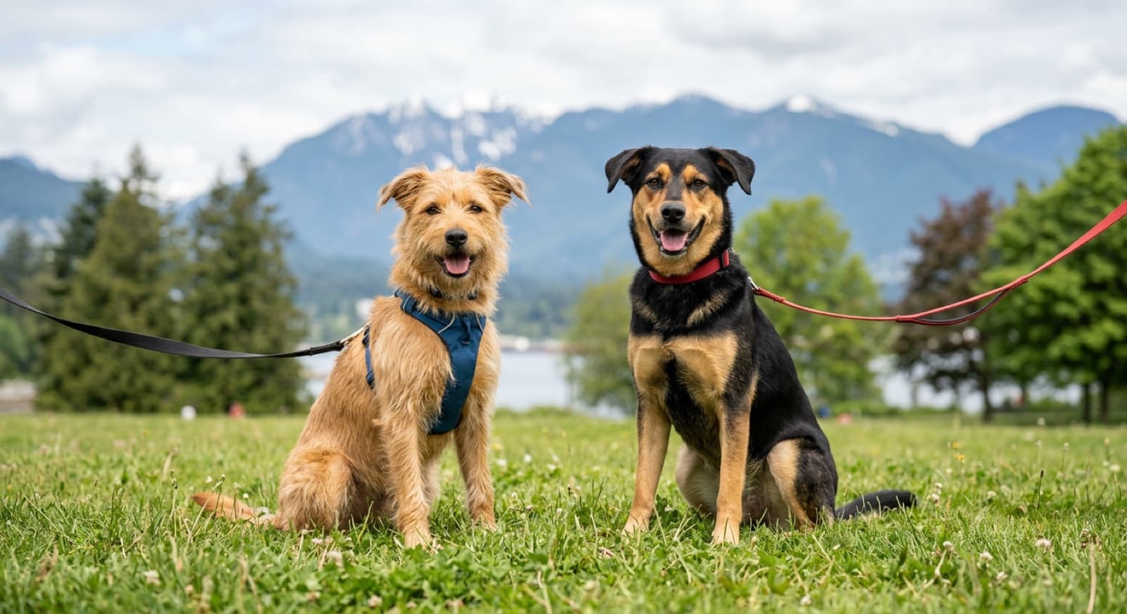 Two hopeful adoptable rescue dogs on leashes at a Vancouver adoption meet-and-greet