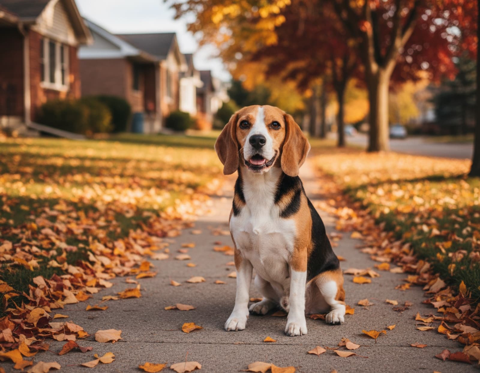 Tri-colour Beagle sitting on a Calgary autumn sidewalk with golden leaves and residential houses behind