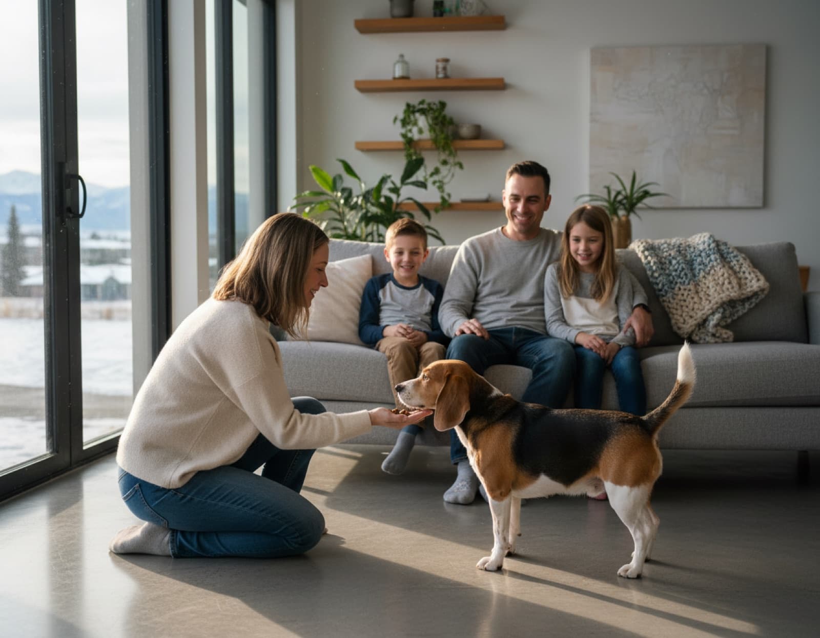 Beagle meeting a Calgary family inside a modern home, a woman kneeling with a treat as family watches from the couch