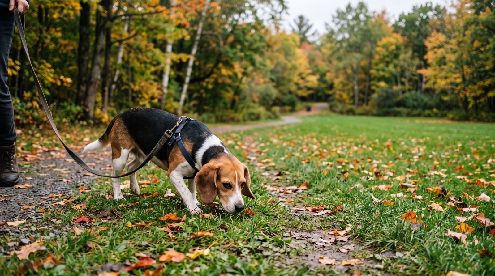 A tricolour Beagle on lead on a Fredericton, New Brunswick trail beside the Saint John River, nose down and following a scent, representing the friendly but nose-driven temperament of the breed in New Brunswick rescue