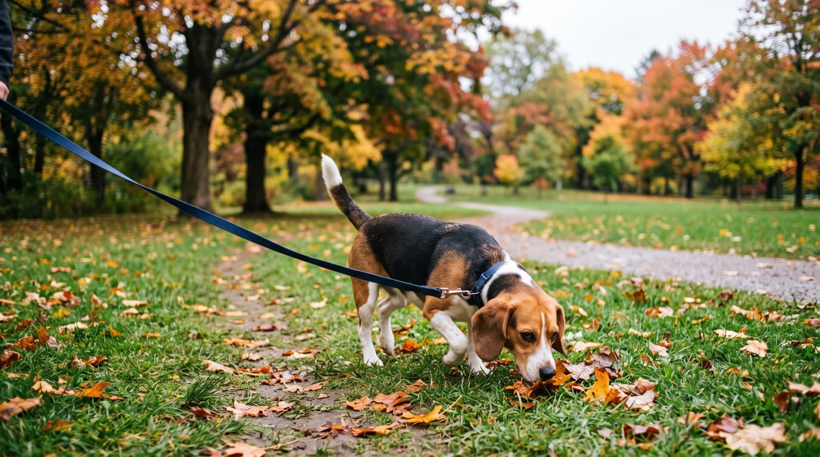 A tricolour Beagle on lead on a Hamilton, Ontario trail below the Niagara Escarpment, nose down and following a scent, representing the friendly but nose-driven temperament of the breed in Ontario rescue