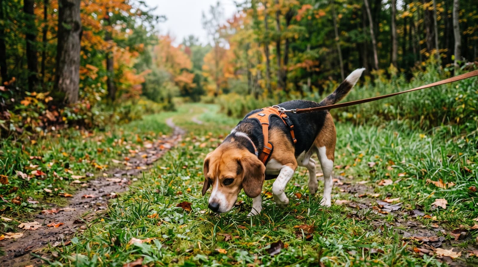 A tricolour Beagle on lead along a Moncton, New Brunswick riverside trail, nose down and following a scent, representing the friendly but nose-driven temperament of the breed in New Brunswick rescue