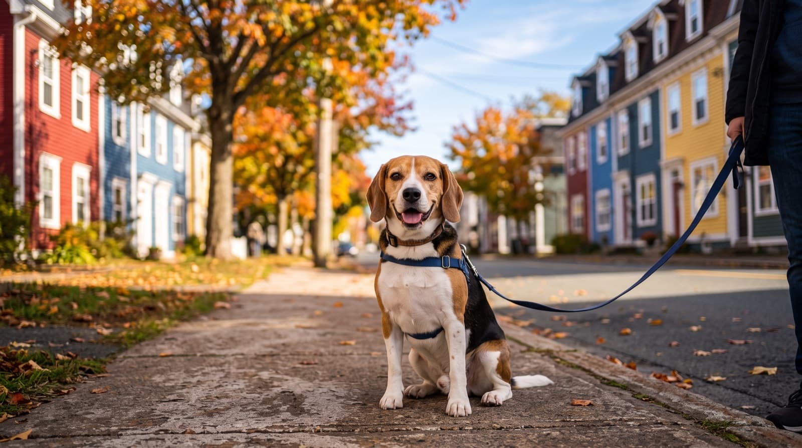 A tricolour Beagle on lead on a St. John's, Newfoundland trail, nose down and following a scent, representing the friendly but nose-driven temperament of the breed in Newfoundland rescue