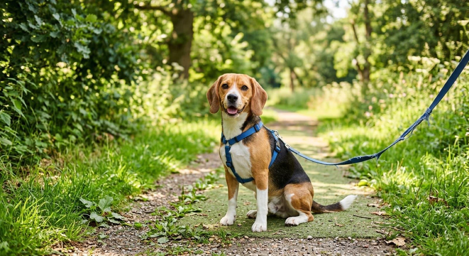 An adoptable Beagle on a leash in a Toronto park