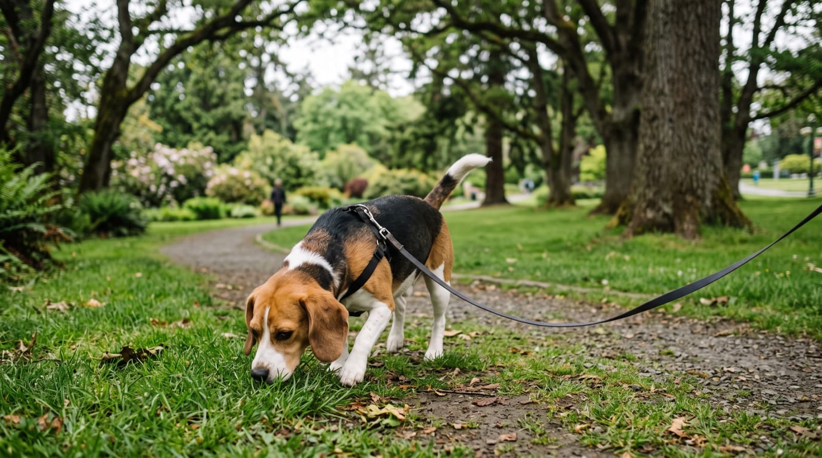 A tricolour Beagle on lead on a Victoria, BC coastal trail, nose down and following a scent, representing the friendly but nose-driven temperament of the breed in Vancouver Island rescue