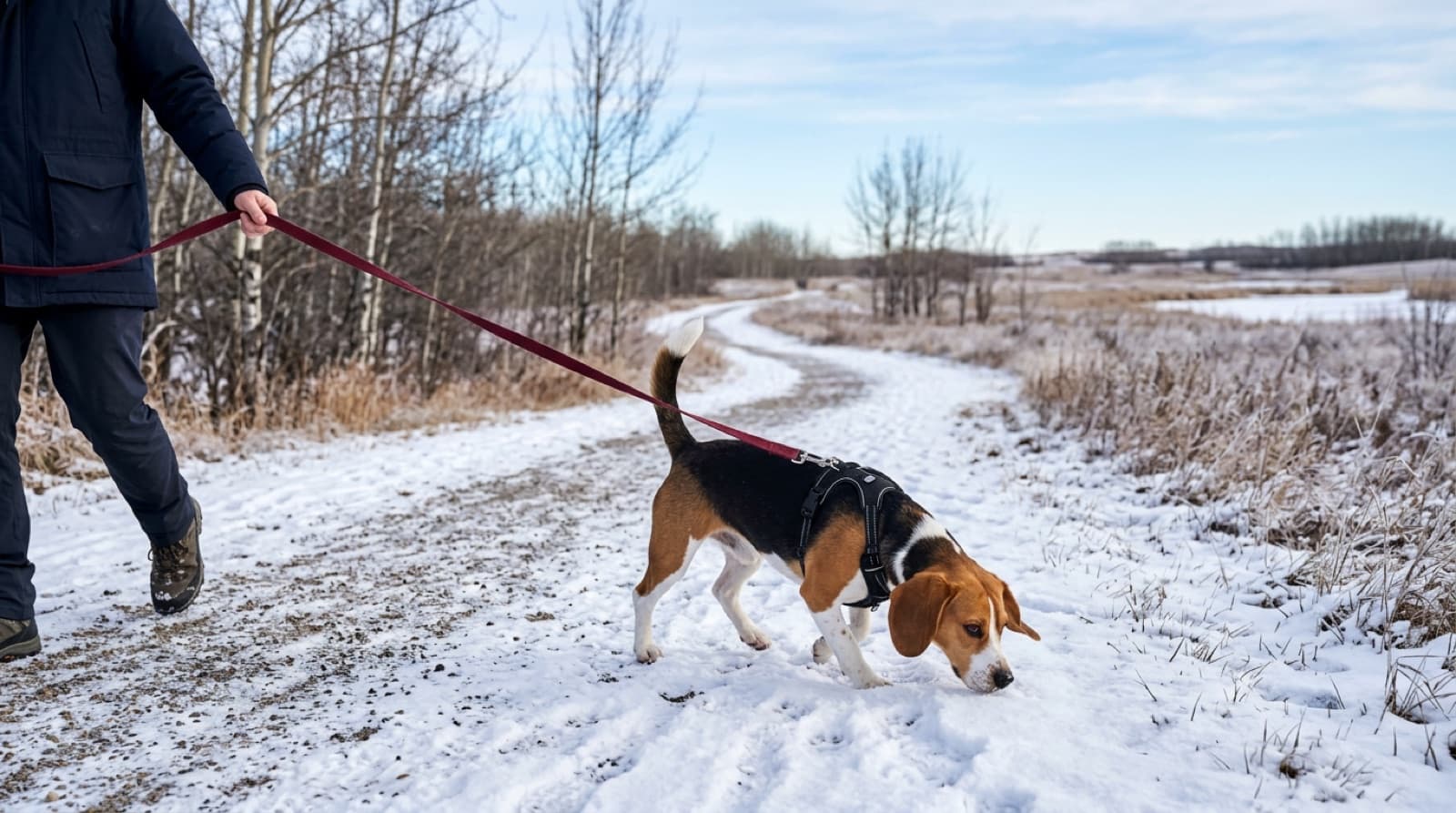A tricolour Beagle following a scent through snow beside a person on a Winnipeg trail