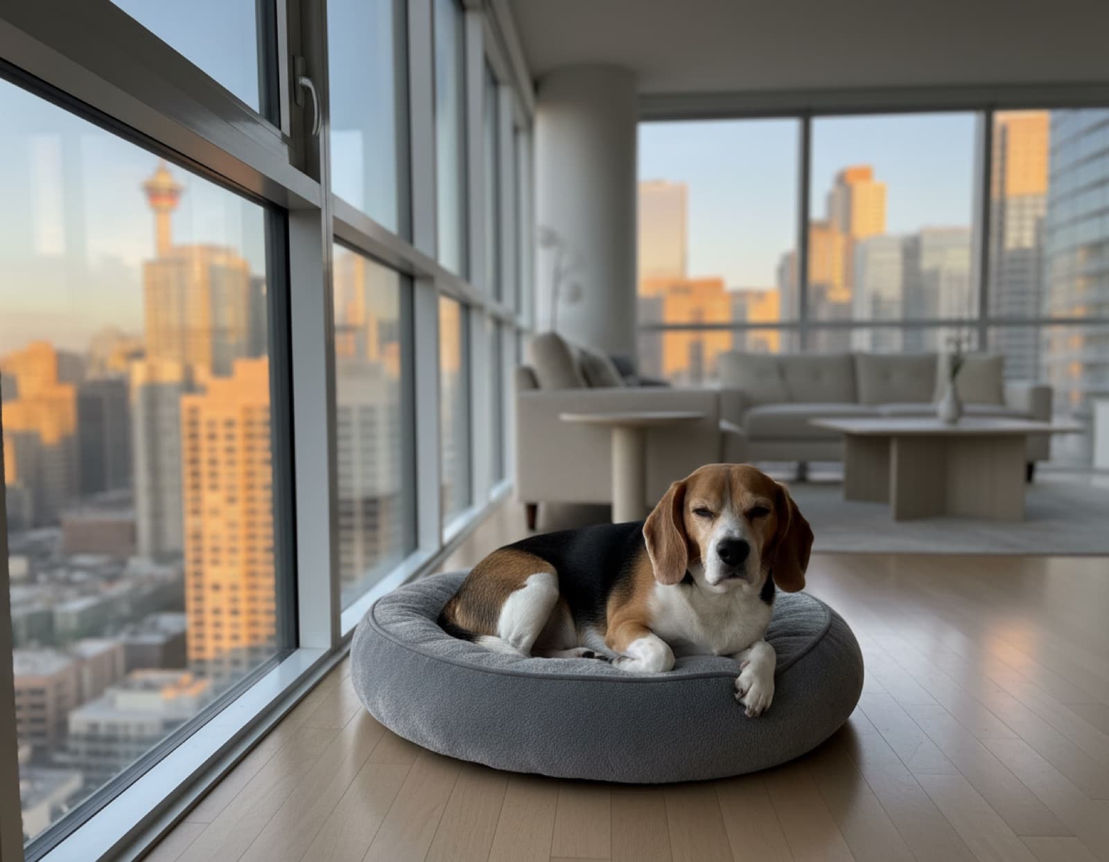 A Beagle resting on a dog bed by the window of a modern Calgary high-rise condo with the downtown skyline visible behind, illustrating apartment living for the breed