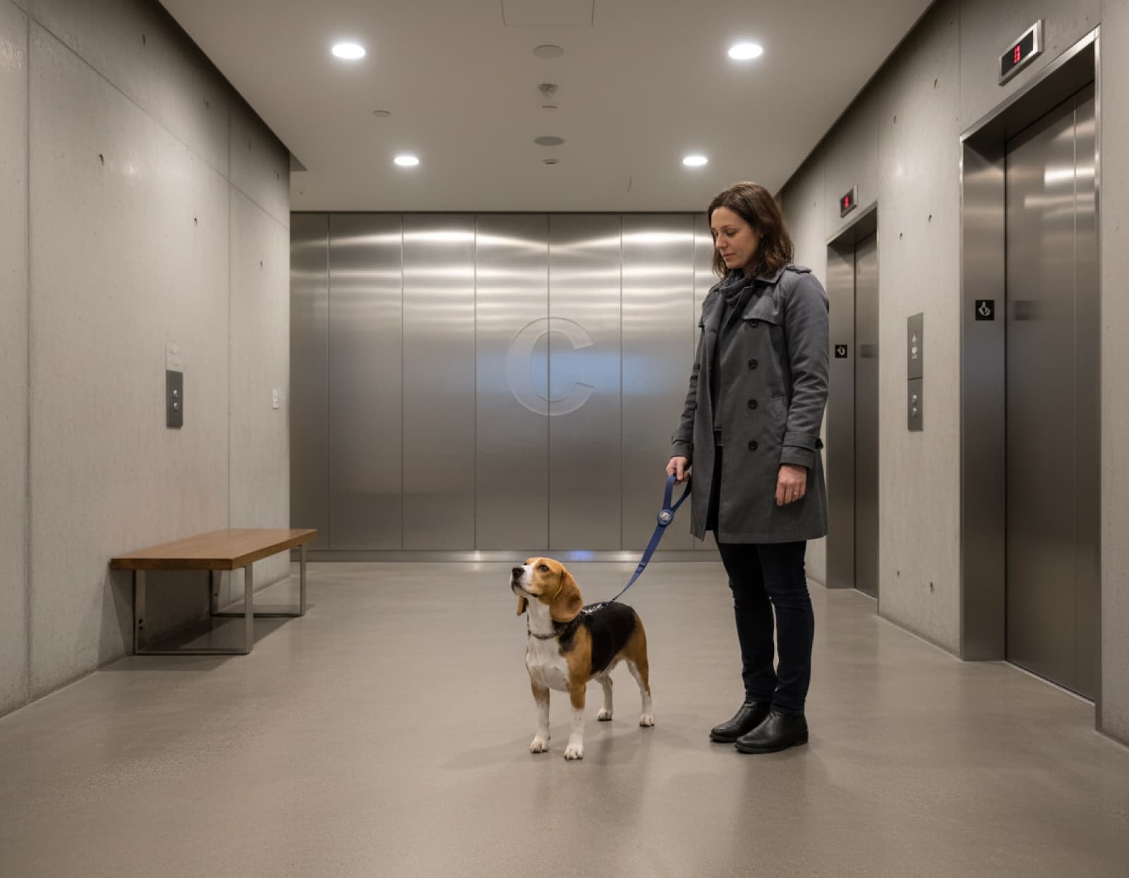 A Beagle on-leash waiting calmly beside its owner in a Calgary high-rise elevator lobby, illustrating the controlled doorway and elevator routine apartment owners need