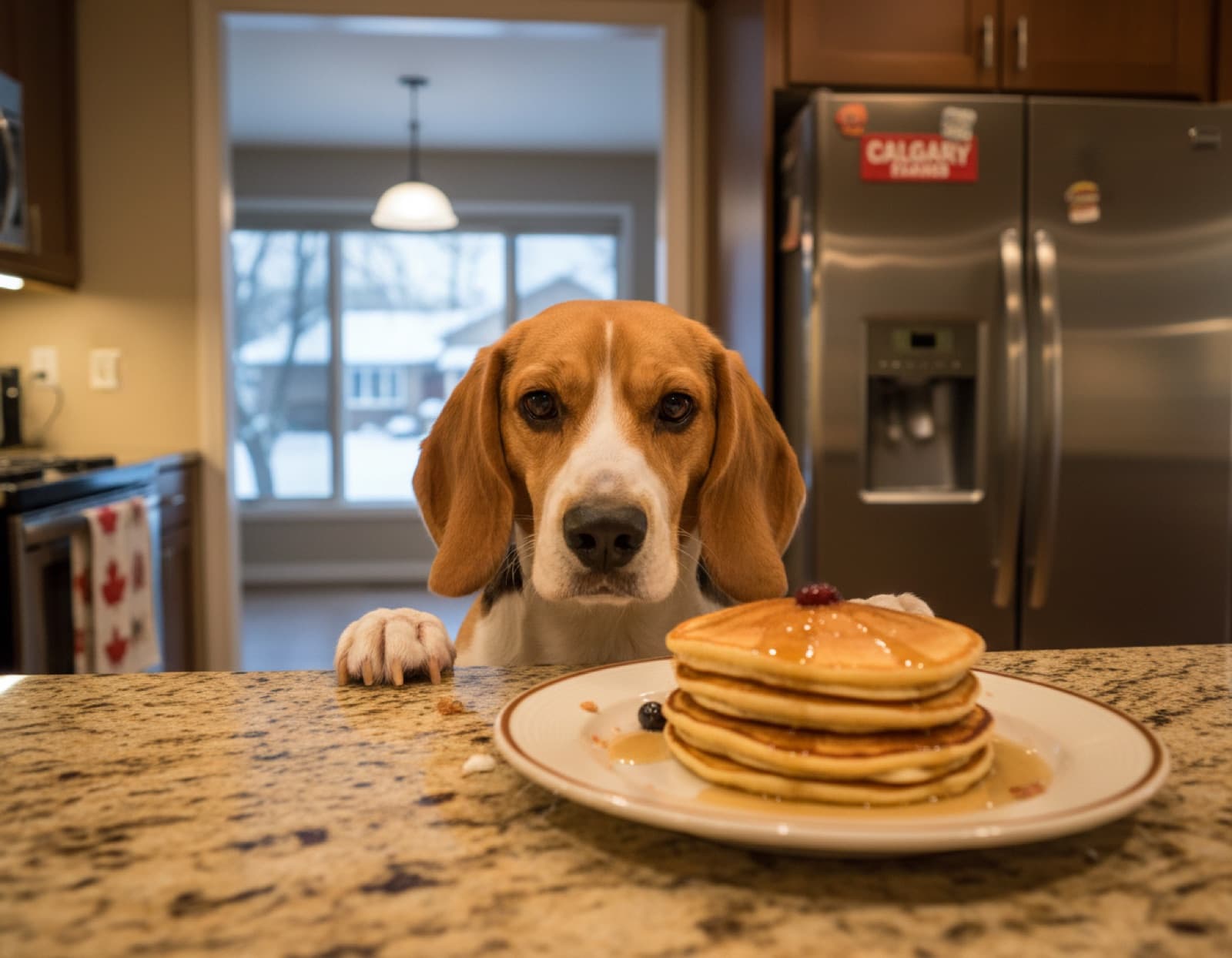 Beagle with front paws up on a Calgary kitchen counter eyeing a plate of pancakes just out of reach, Calgary Flames magnet visible on the fridge