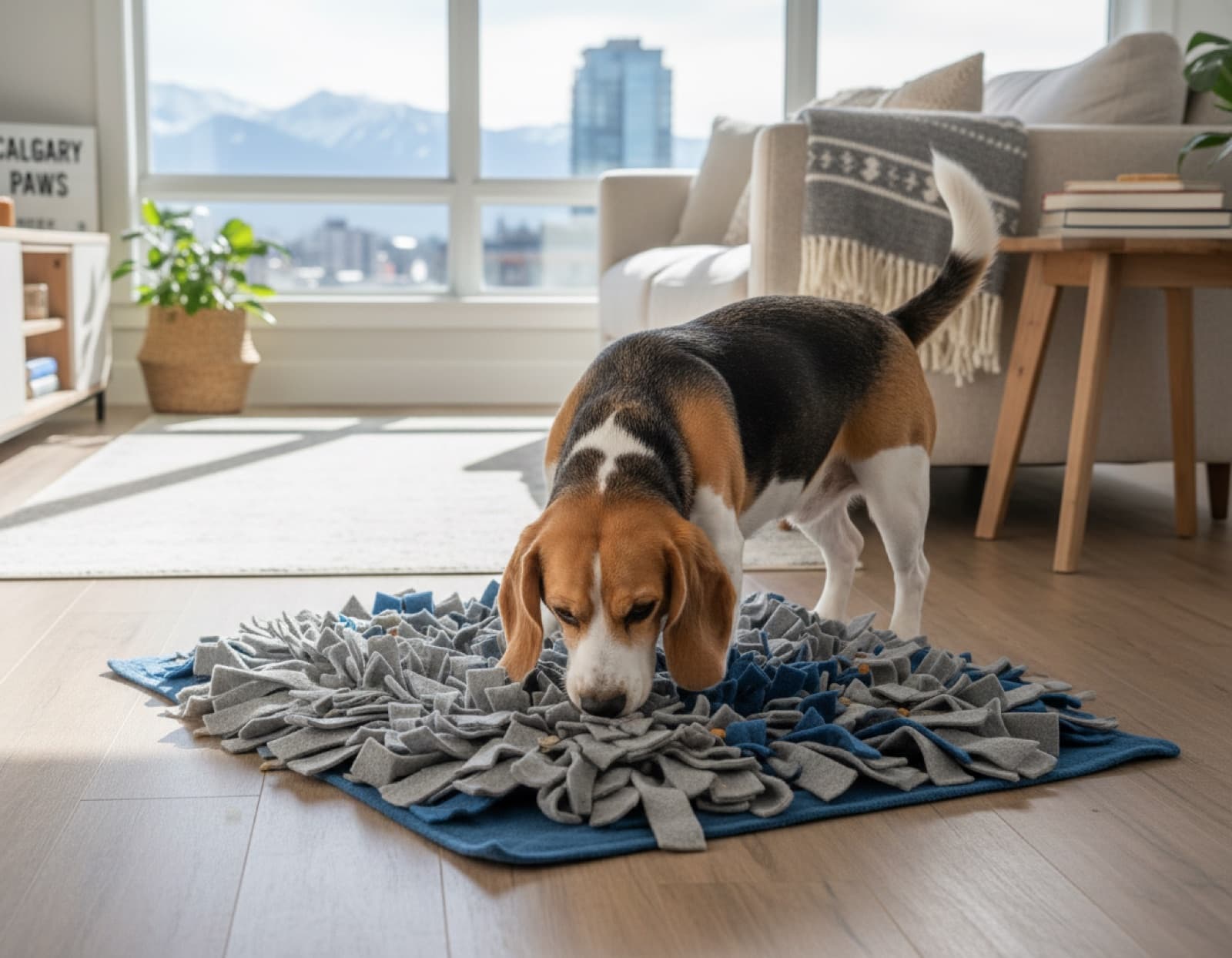 Beagle deeply engaged with a snuffle mat on the floor of a modern Calgary condo, mountains visible through the window