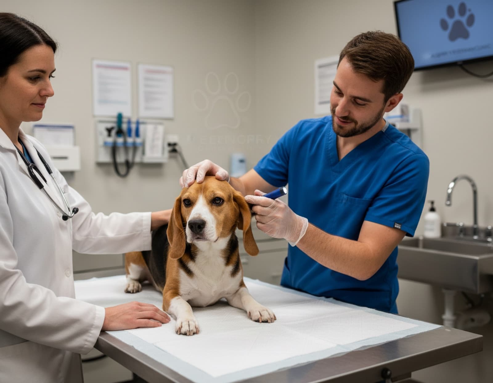 Beagle on a Calgary veterinary clinic exam table being examined by two vets in stethoscope and blue scrubs under soft clinical lighting