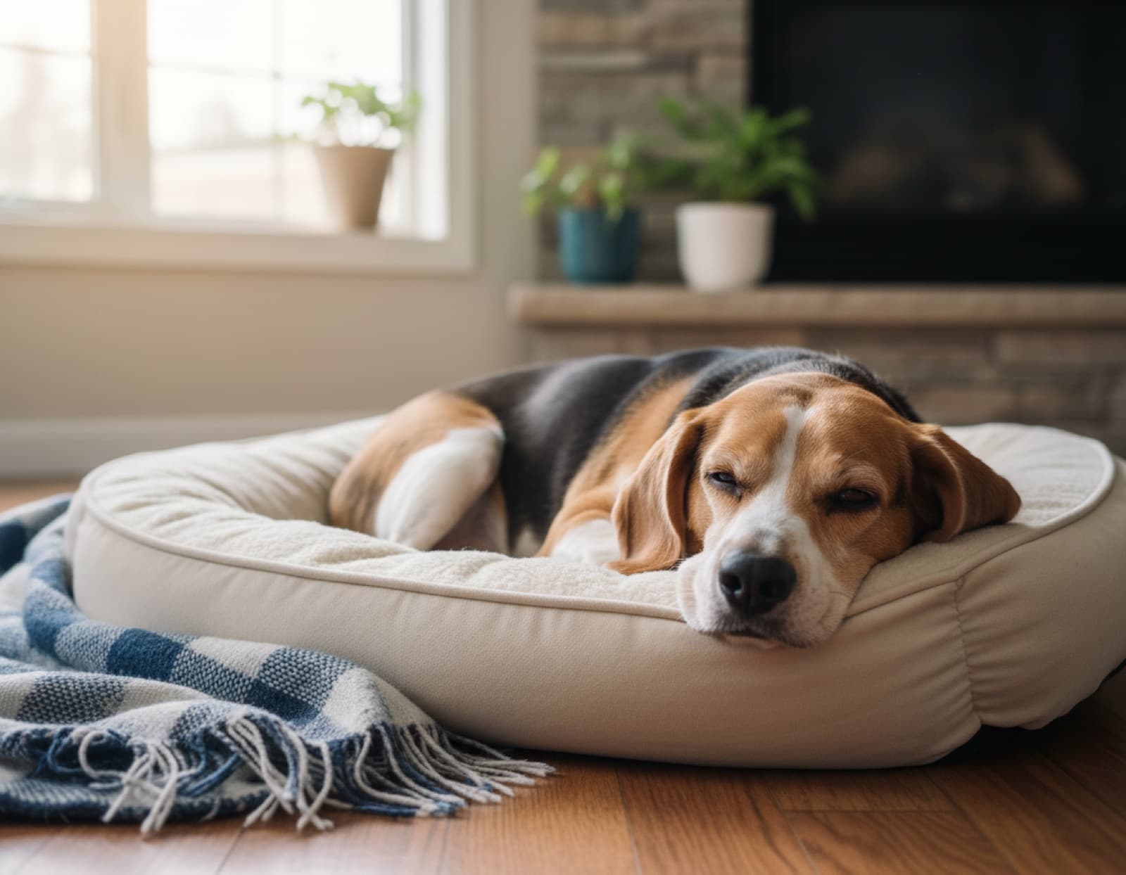 Senior Beagle resting peacefully on a dog bed beside a fireplace in a calm Calgary home, head down and half-asleep
