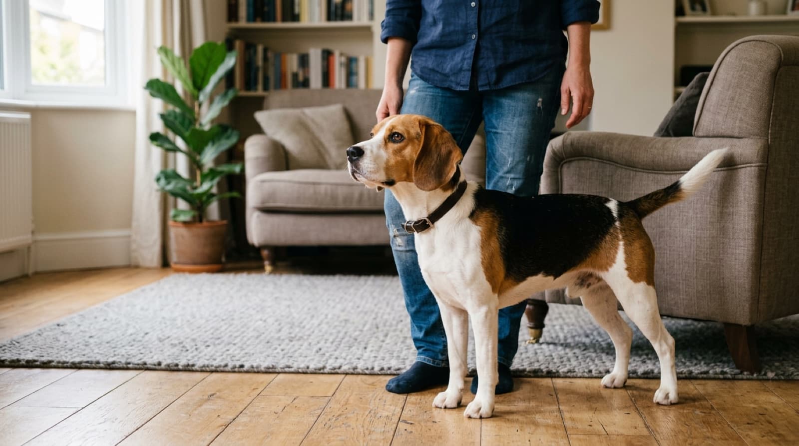A healthy lean Beagle standing beside a person at home in Saskatoon