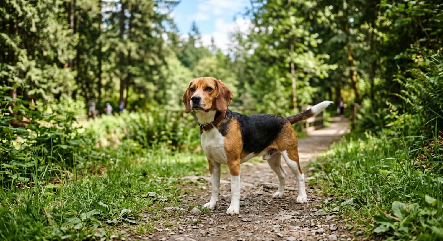 A healthy lean adult Beagle on a green Toronto trail