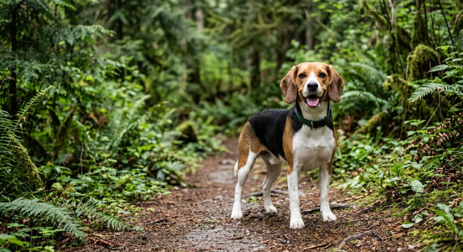 A healthy lean adult Beagle on a green Vancouver trail